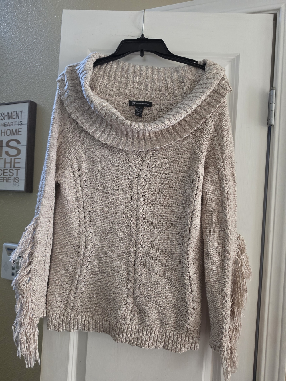 INC International Concepts Cream Cowl Neck Fringe Sleeve Sweater